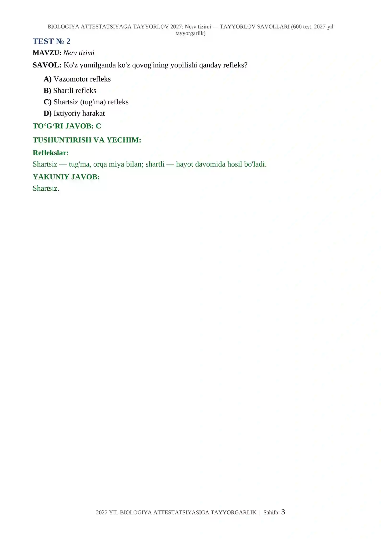 BIOLOGIYA ATTESTATSIYAGA TAYYORLOV 2027: Nerv tizimi — TAYYORLOV SAVOLLARI (600 test, 2027-yil tayyorgarlik) 3