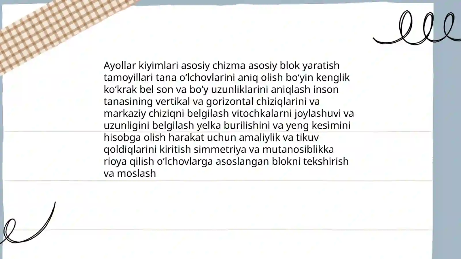Ayollar kiyimlari asos chizmasini konstruksiyalash va modellashtirish maketlarni tayyorlash texnologik xarita yaratish ayollar kiyimida vitochka koʻchirish usullari 3