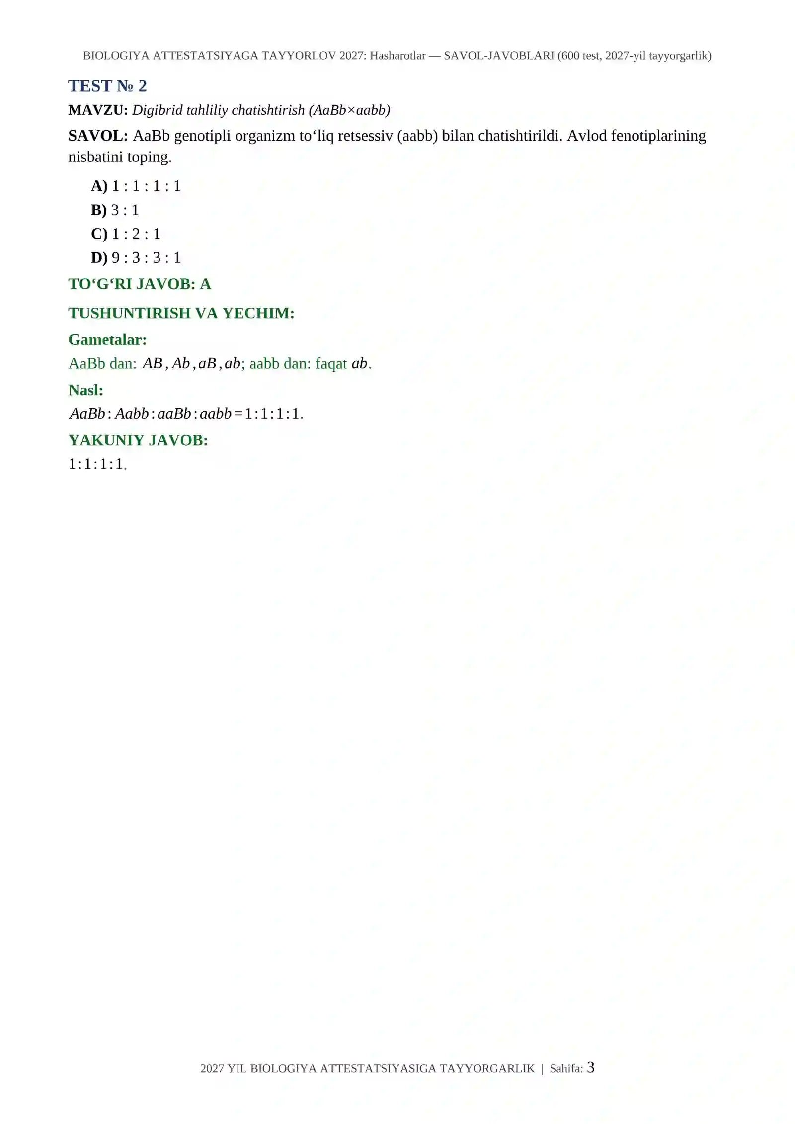 BIOLOGIYA ATTESTATSIYAGA TAYYORLOV 2027: Hasharotlar — SAVOL-JAVOBLARI (600 test, 2027-yil tayyorgarlik) 3