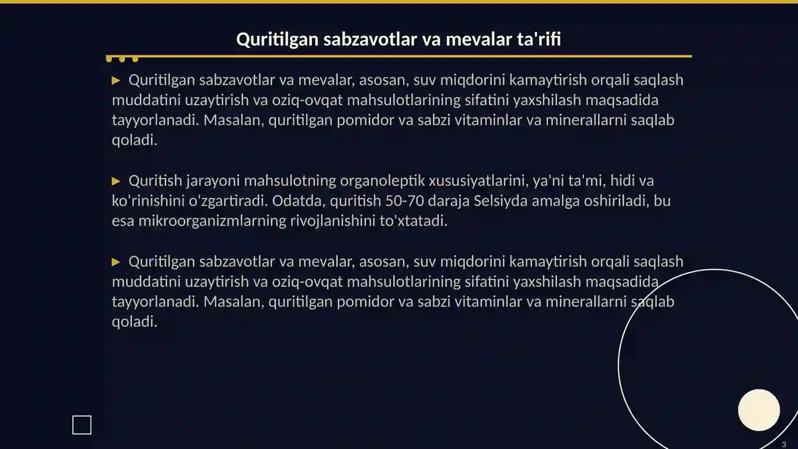 Quritilgan sabzavotlar va mevalarning sifatidagi talabalar 3