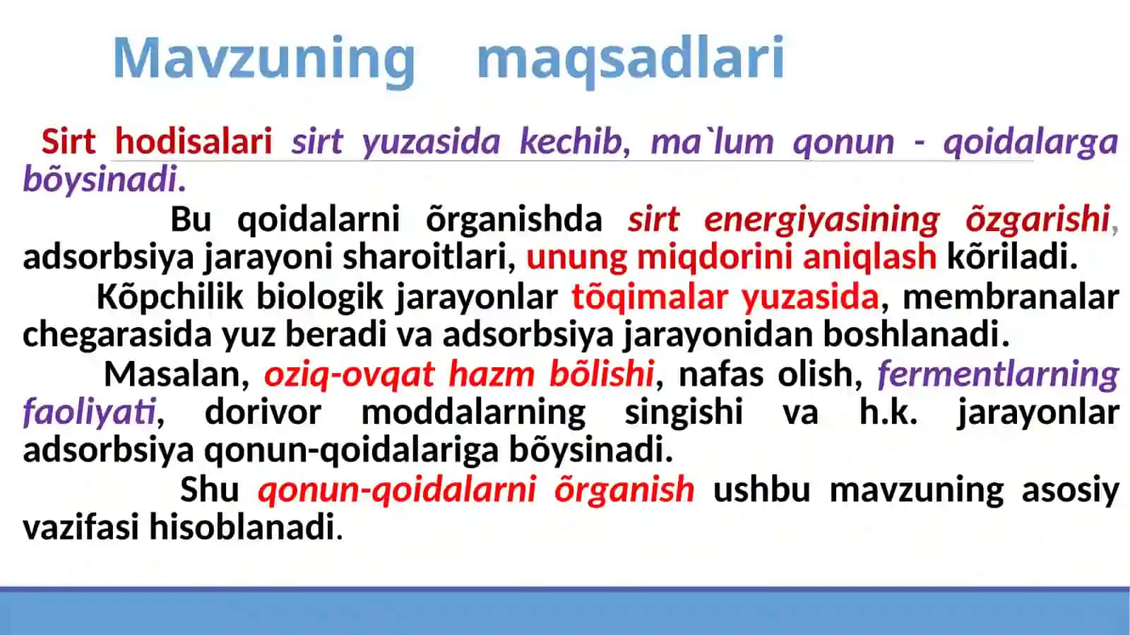 Sirt hodisalar. Xromatografiya, uni tibbiyotdagi ahamiyati. Adsorbsiya. Organizmda kechadigan so‘rilish jarayonlarining modda almashinuviga ta’siri. Kolloid dispers sistema, tibbiyotdagi ahamiyati. Mitsella tuzilishi 3
