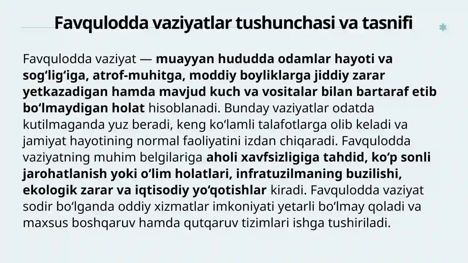 Favquloddavaziyatlarning tasnifi va tabiiy ofatlari paytida fuqarolar muhofazasi vazifalari 3