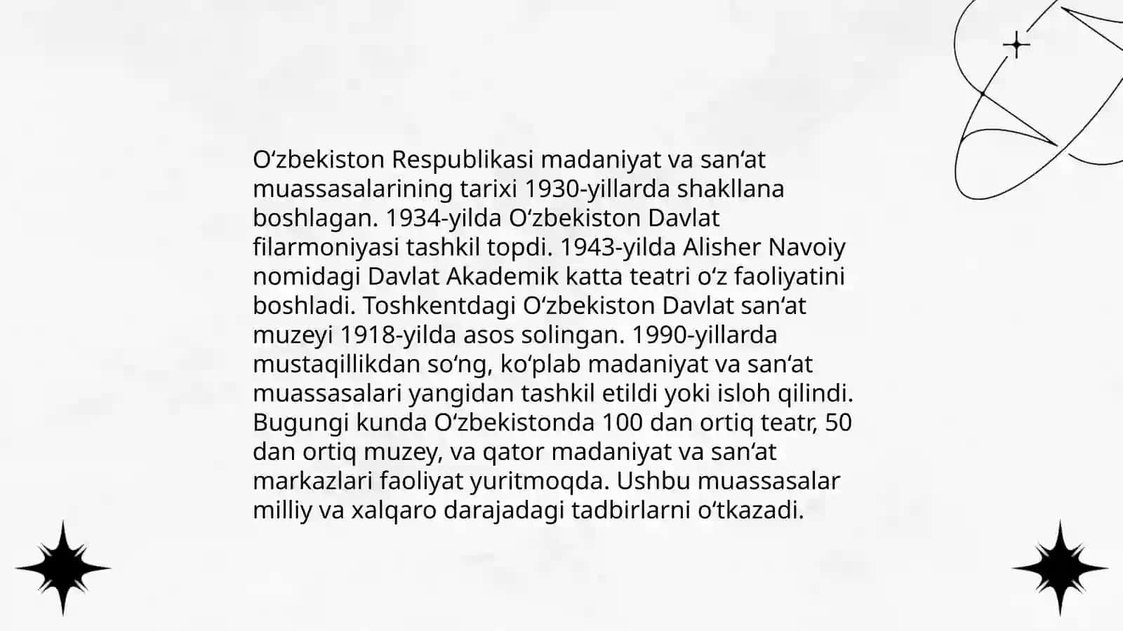 O‘zbekiston respublikasida joylashgan madaniyat va san‘at muassasalarining umumiy mohiyati slayd 3