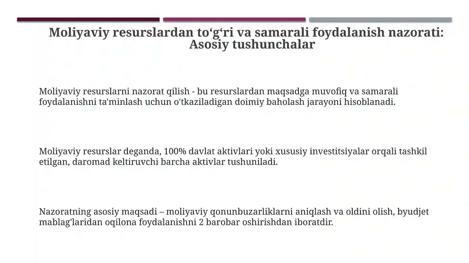 Moliyaviy resurslardan toʻgʻri va samarali foydalanishini nazorat qilinishi haqida 3