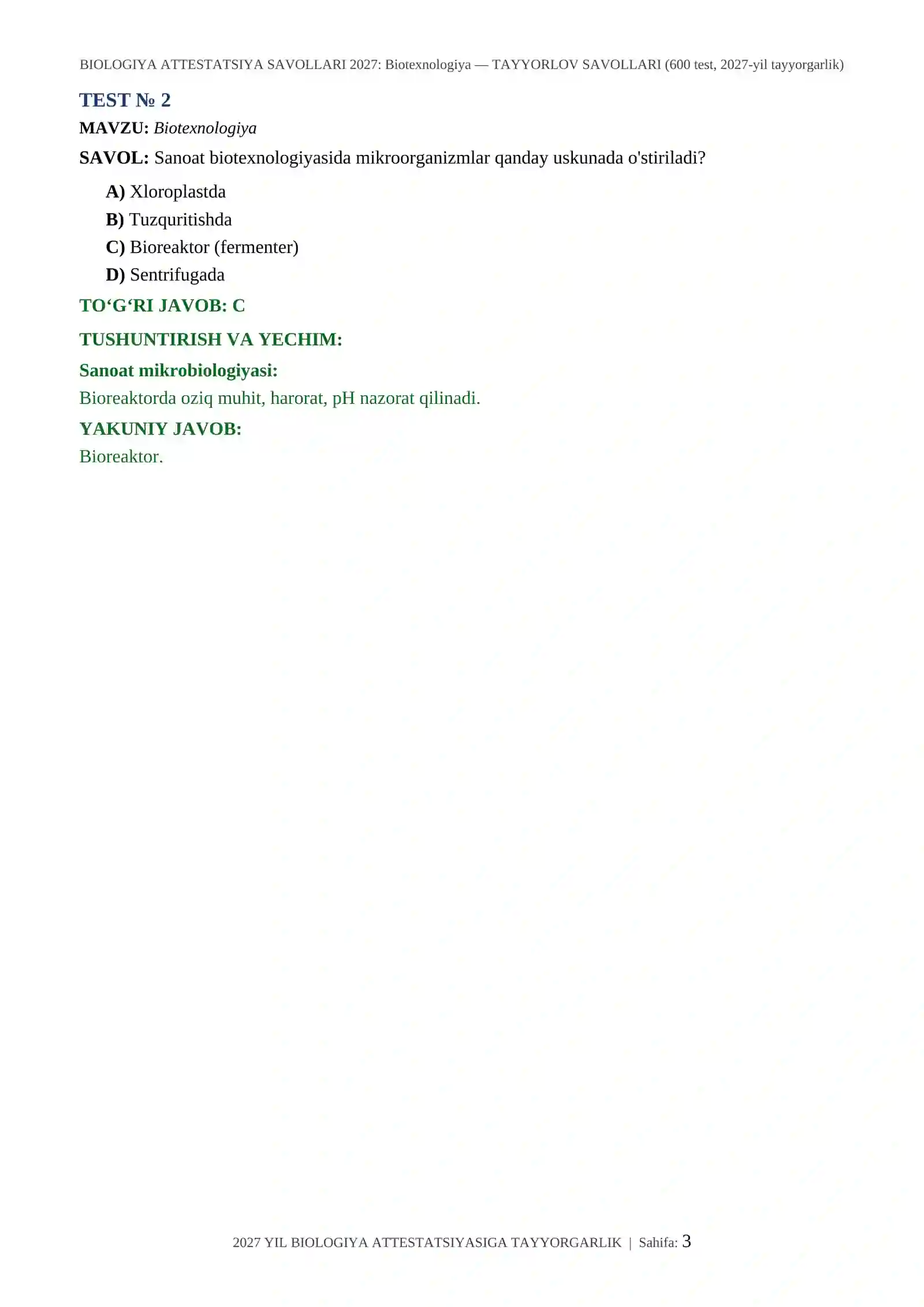 BIOLOGIYA ATTESTATSIYA SAVOLLARI 2027: Biotexnologiya — TAYYORLOV SAVOLLARI (600 test, 2027-yil tayyorgarlik) 3