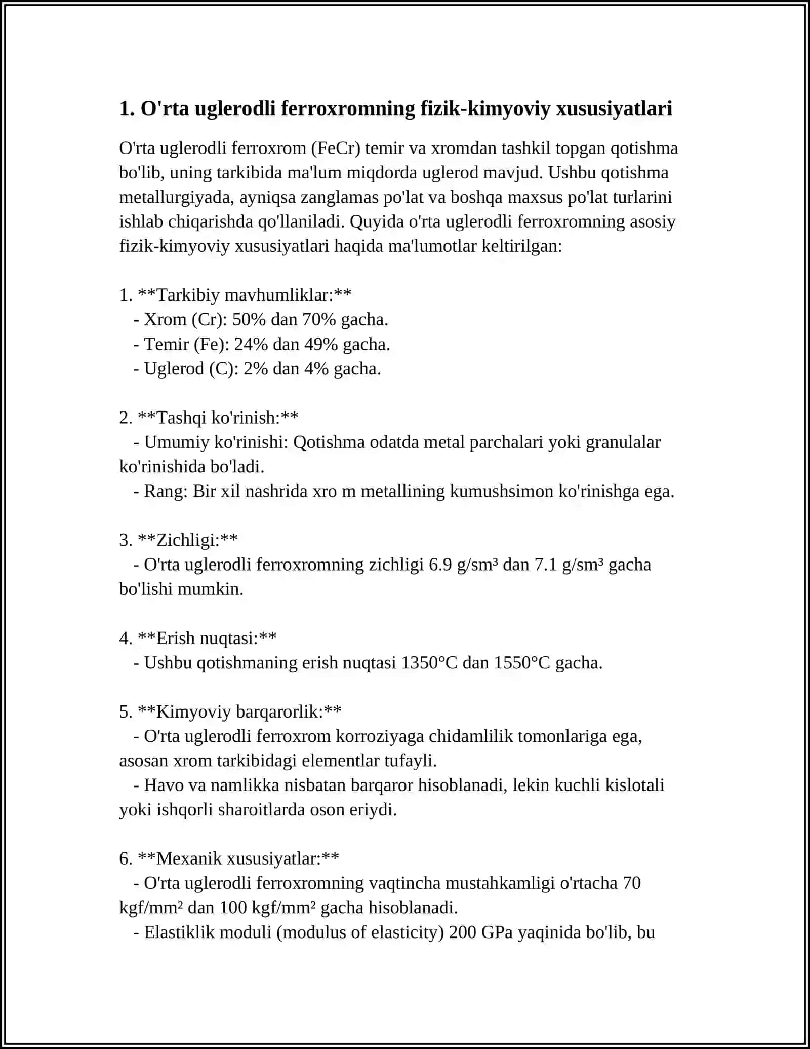 OʻRTA UGLERODLI FERROXROM (ФХ100) OLISH TEXNOLOGIYASINI TANLASH VA HISOBLASH 3