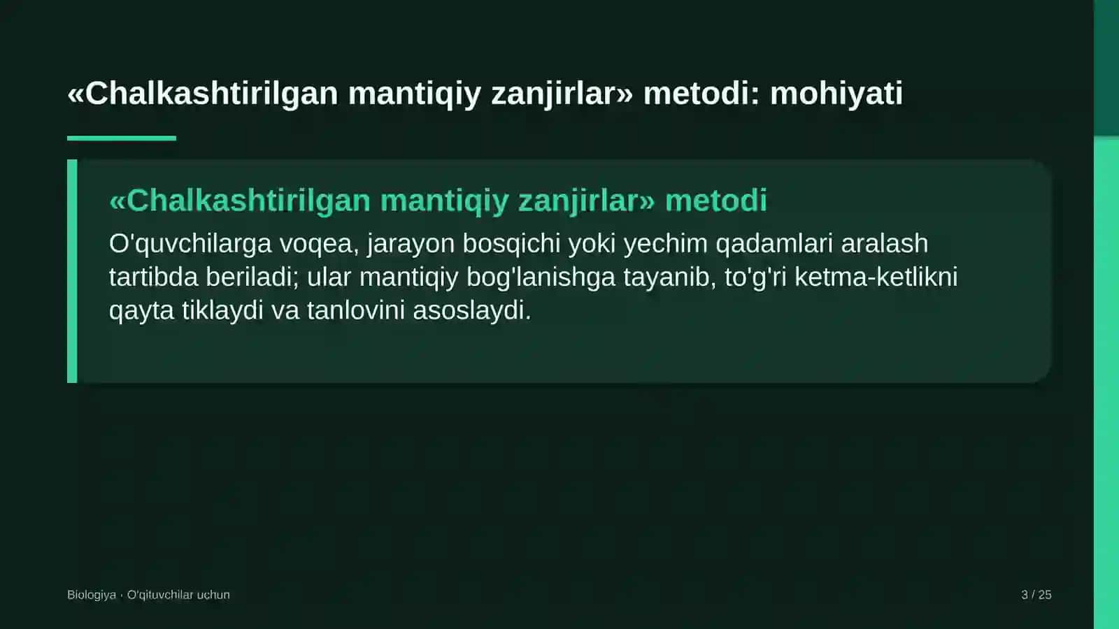 biologiya darslarida chalkashtirilgan mantiqiy zanjirlar metodidan foydalanish 3933 3