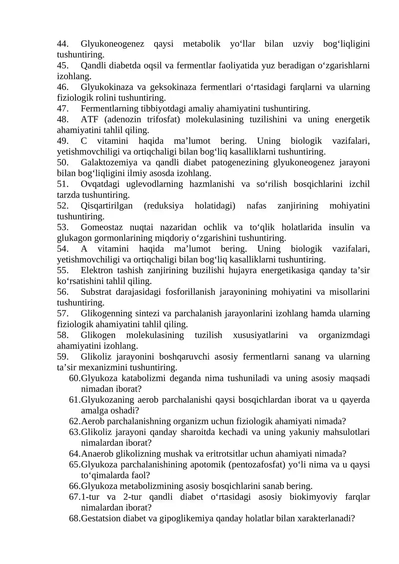 Biologik kimyo farmatsevtika kafedrasi Biokimyo fanidan yakuniy nazorat savollari 3