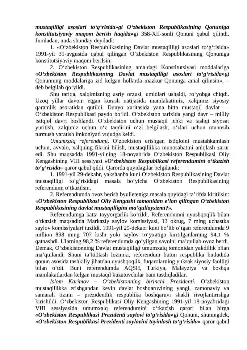 Mustaqil O‘zbekiston Respublikasi tashkil topishining tarixiy ahamiyati. O‘zbekistonning o‘ziga xos istiqlol va taraqqiyot yo‘li. 3