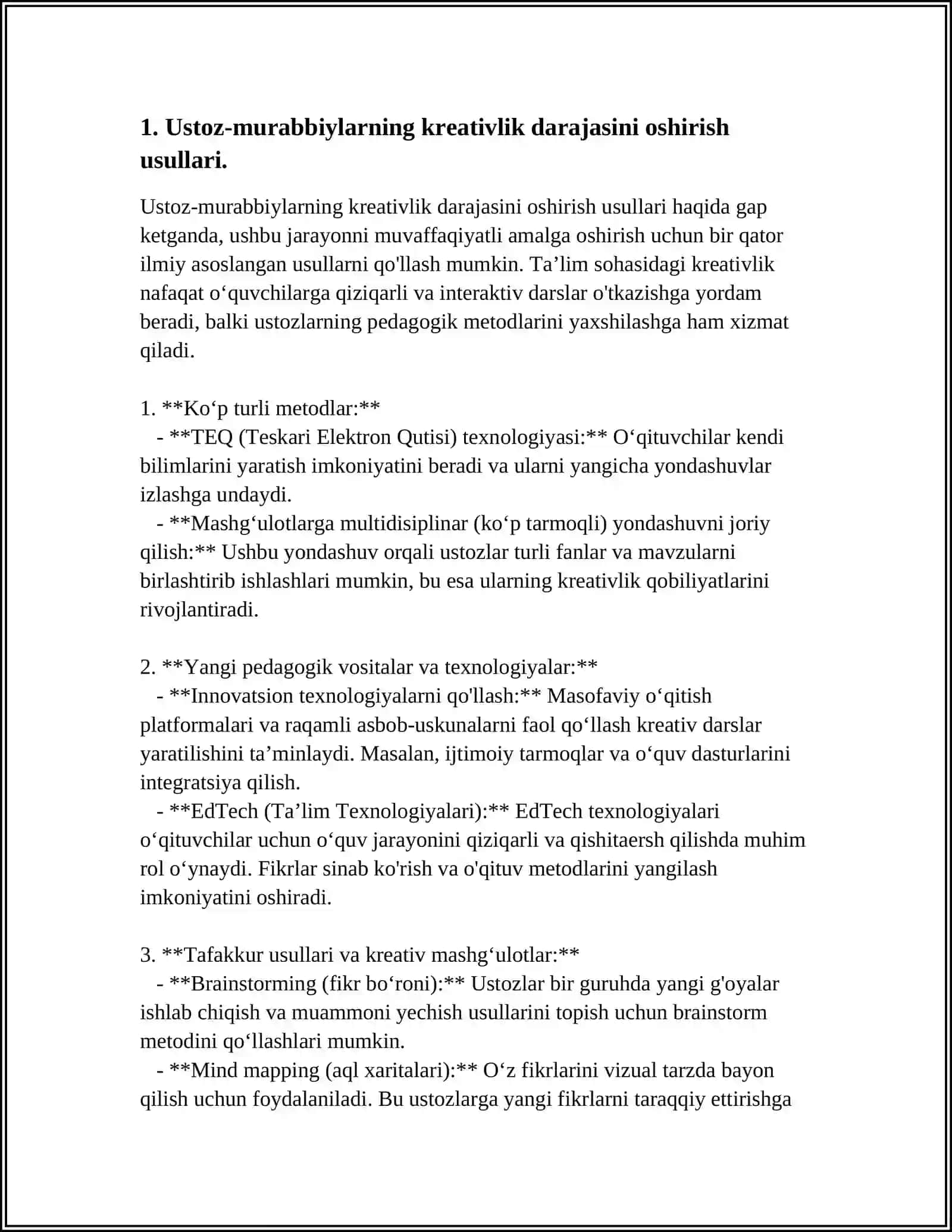 MUSTAQIL ISH Mavzu: USTOZ-MURABBIYLARNING KREATIVLIK SIFATLARI. SPORTCHILARLARIDA KREATIVLIK SIFATLARINI RIVOJLARTIRISHNING SAMARALI YO'LLARI VA SHARTLARI 3
