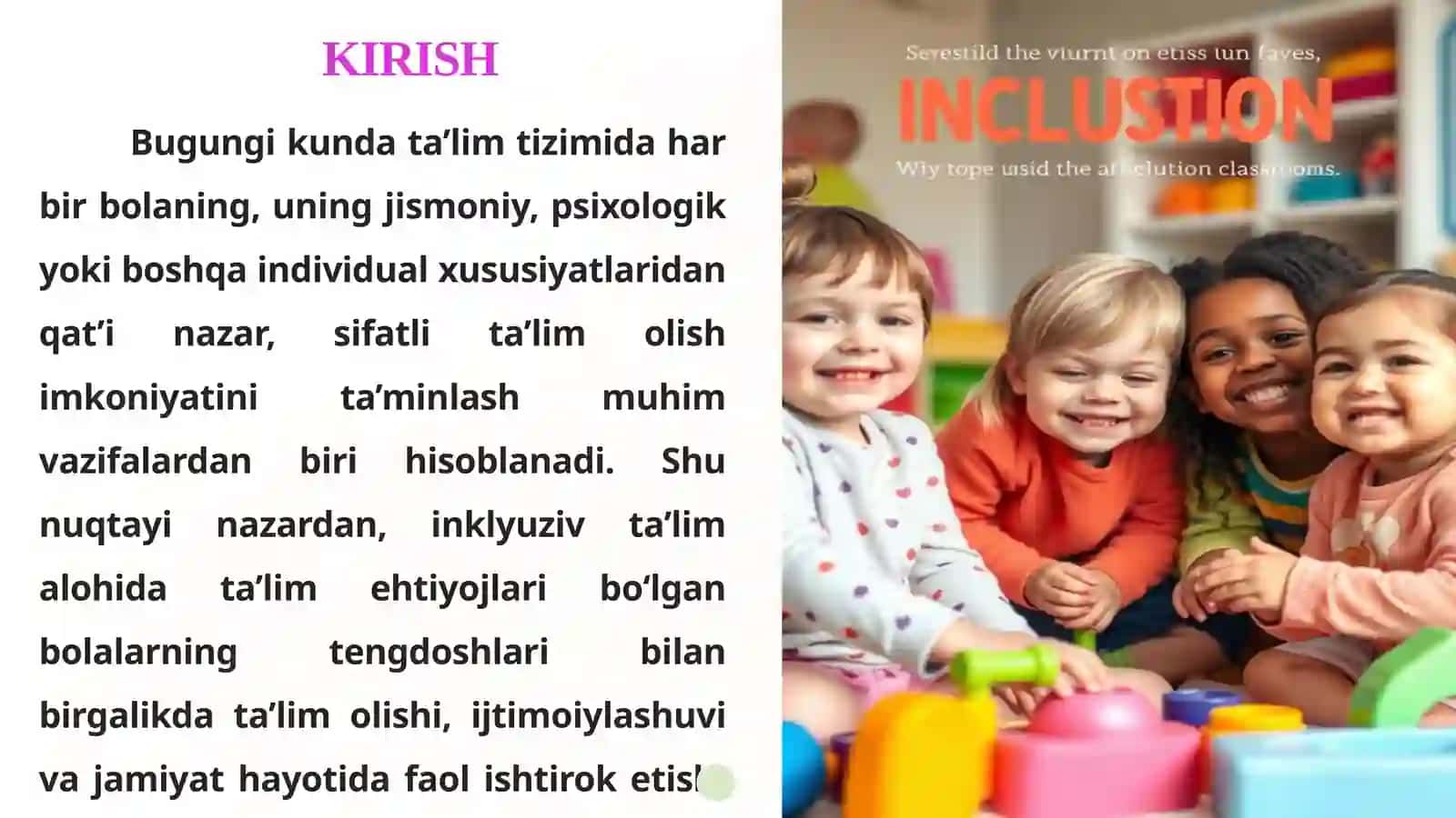 Alohida ta'lim ehtiyojlari bo'lgan bolani umumta'lim maktabi yoki maktabgacha tashkilotda inklyuziv ta'lim sharoitida o'qishga moslashishida oila va maktabning o'rni 3