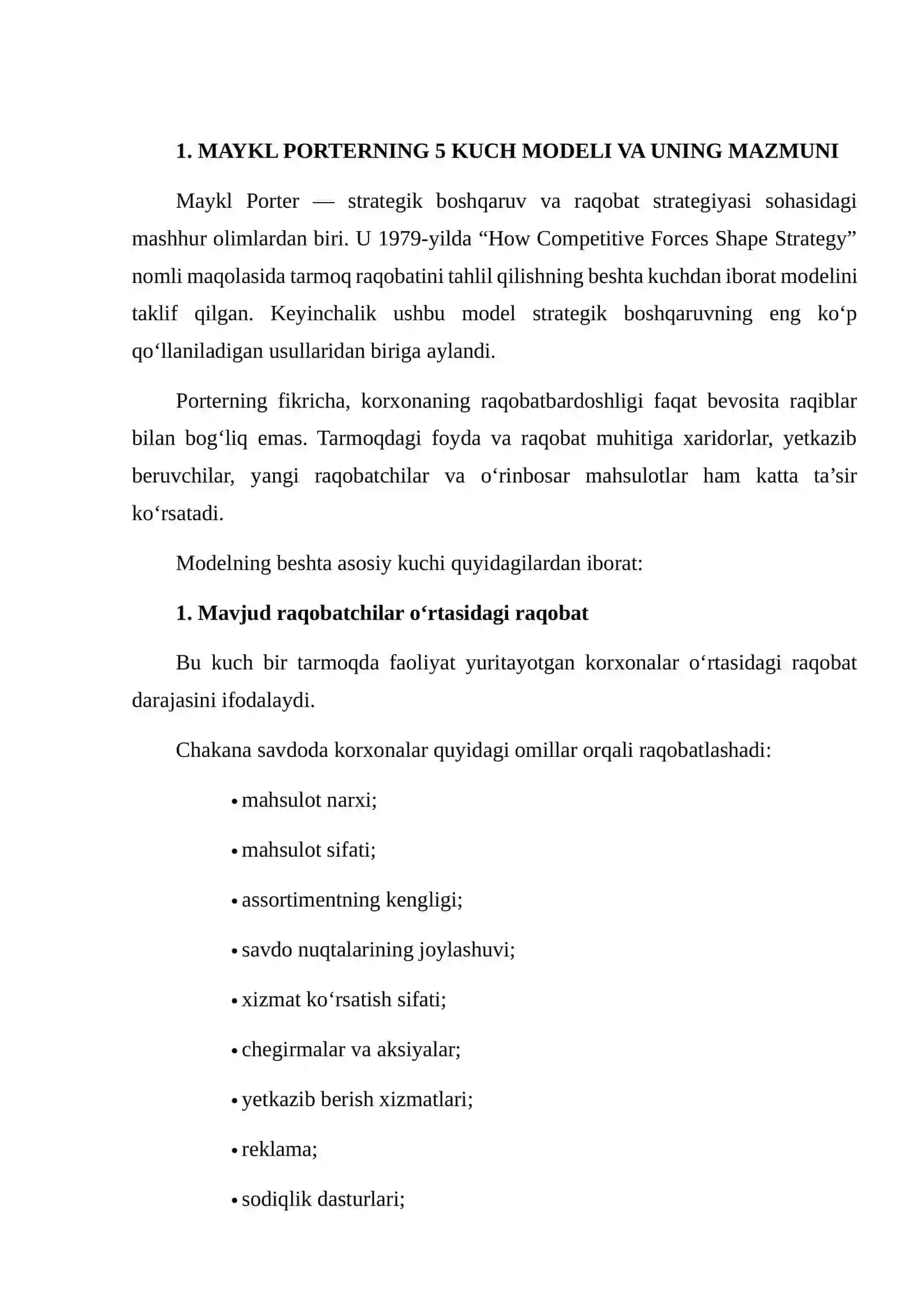 O‘ZBEKISTONDA CHAKANA SAVDO TARMOG‘INING RAQOBATDOSHLIGINI MAYKL PORTERNING 5 KUCH MODELI ASOSIDA BAHOLASH 3