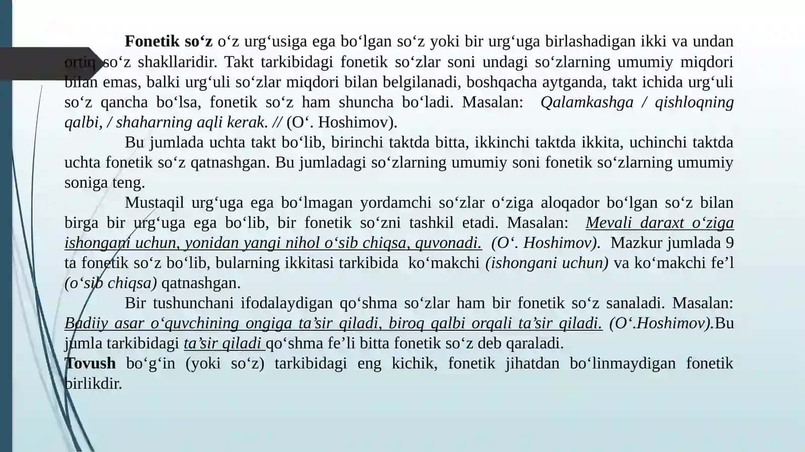 NUTQNING FONETIK BO‘LINISHI: FRAZA, TAKT, FONETIK SO’Z, BO’G‘IN, TOVUSH. URG‘U VA UNING TURLARI 3