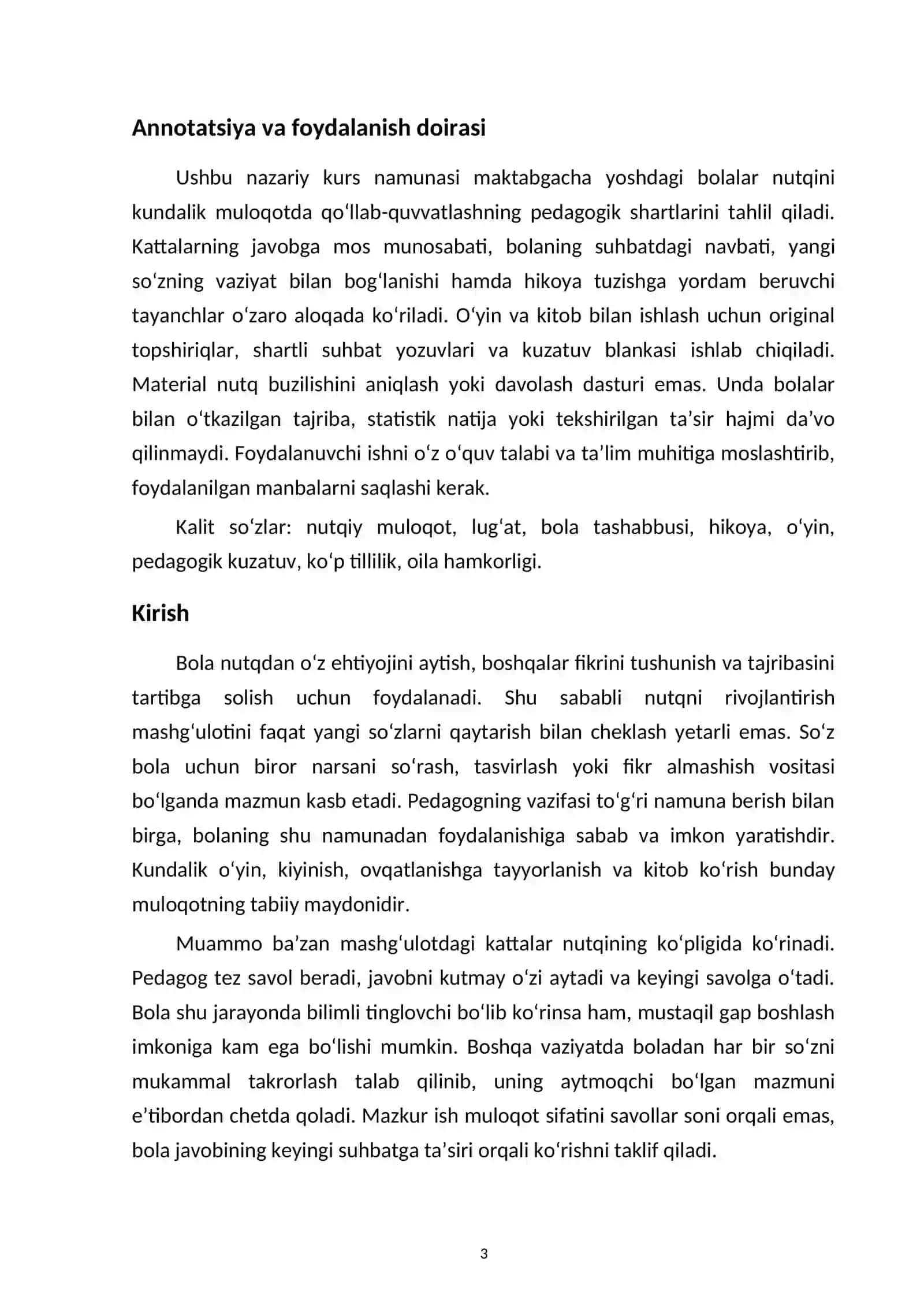 Bolalar nutqini kundalik muloqot va o‘yin orqali rivojlantirish metodikasi — kurs ishi namunasi 3