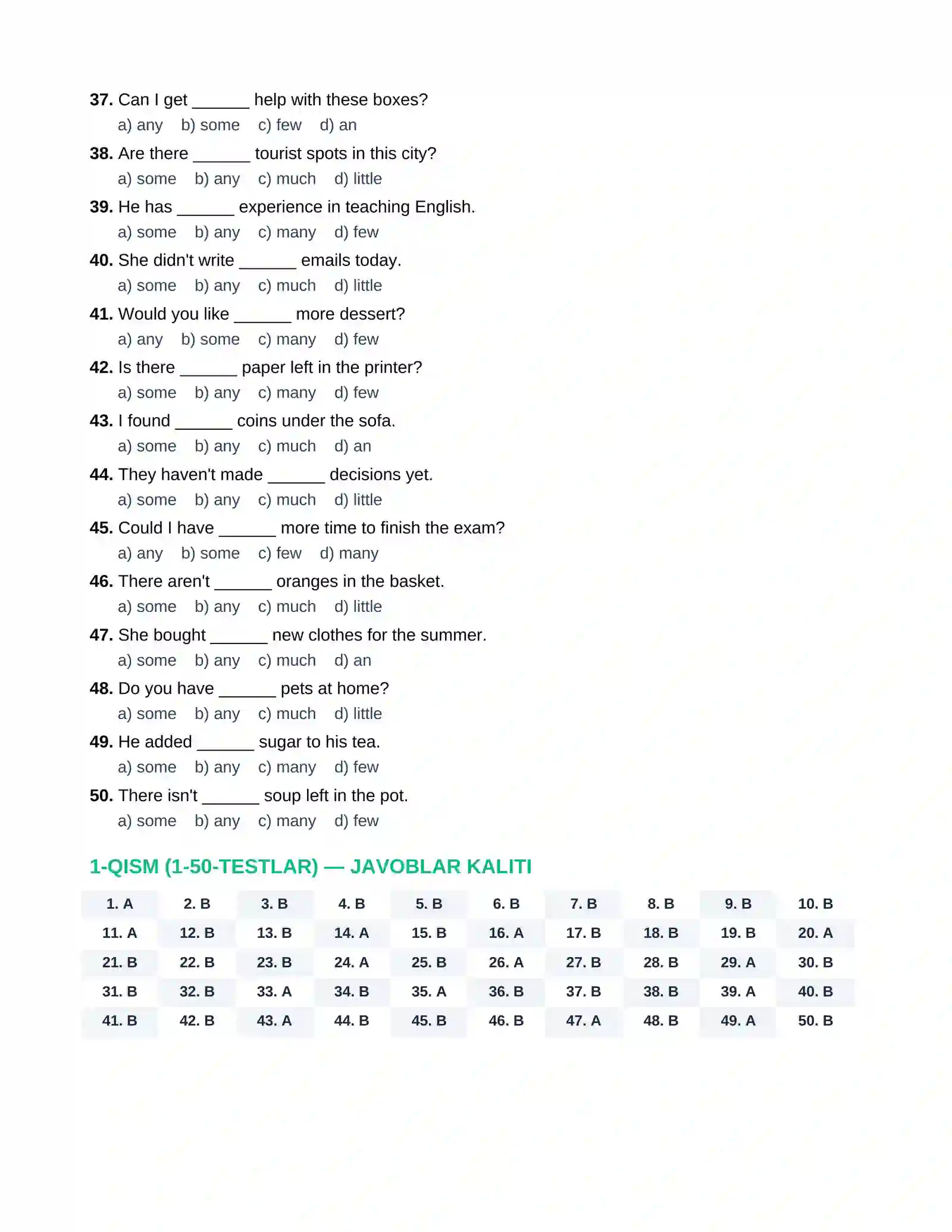 ENGLISH GRAMMAR TEST: SOME / ANY  100 talik test javoblari bilan 3