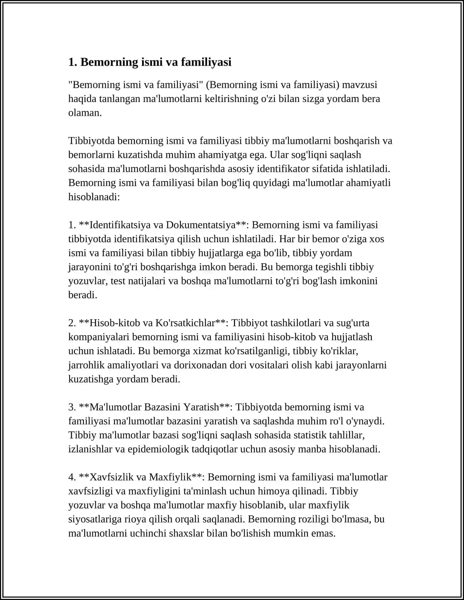 TIBBIYOTDA BEMORNING ISMI VA FAMILIYASI TIBBIY MA'LUMOTLARNI BOSHQARISH VA BEMORLARNI KUZATISHDA MUHIM AHAMIYATGA EGA 3