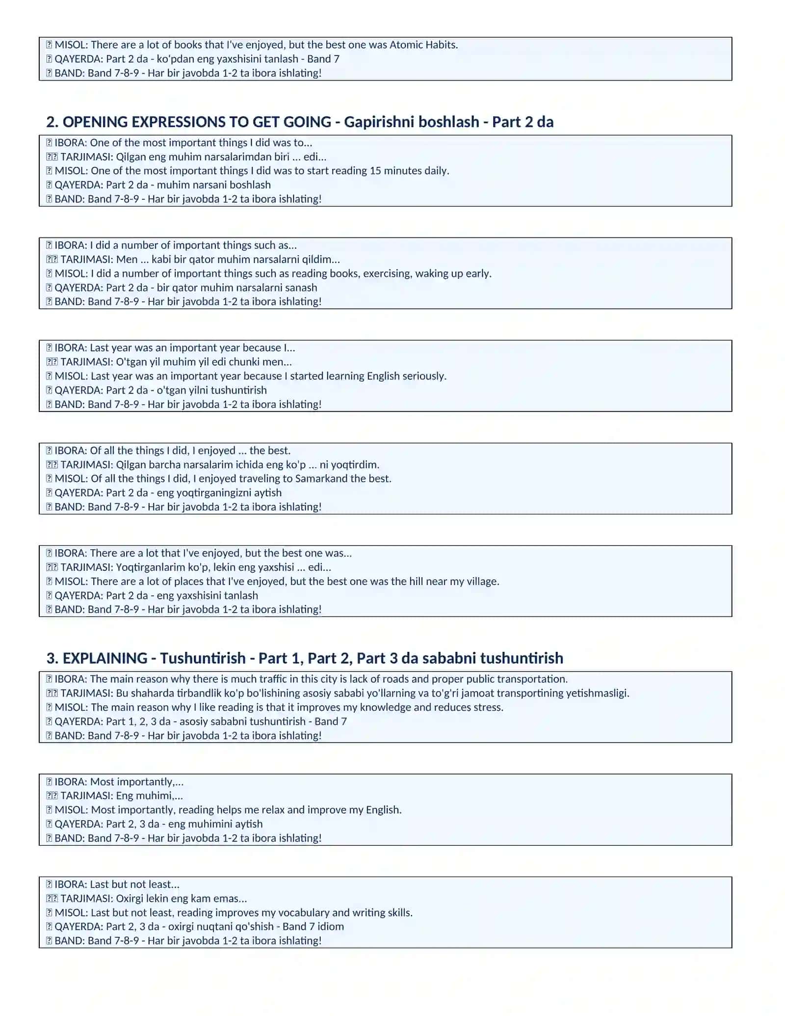 IELTS Speaking UCHUN FOYDALI IBORALAR 3