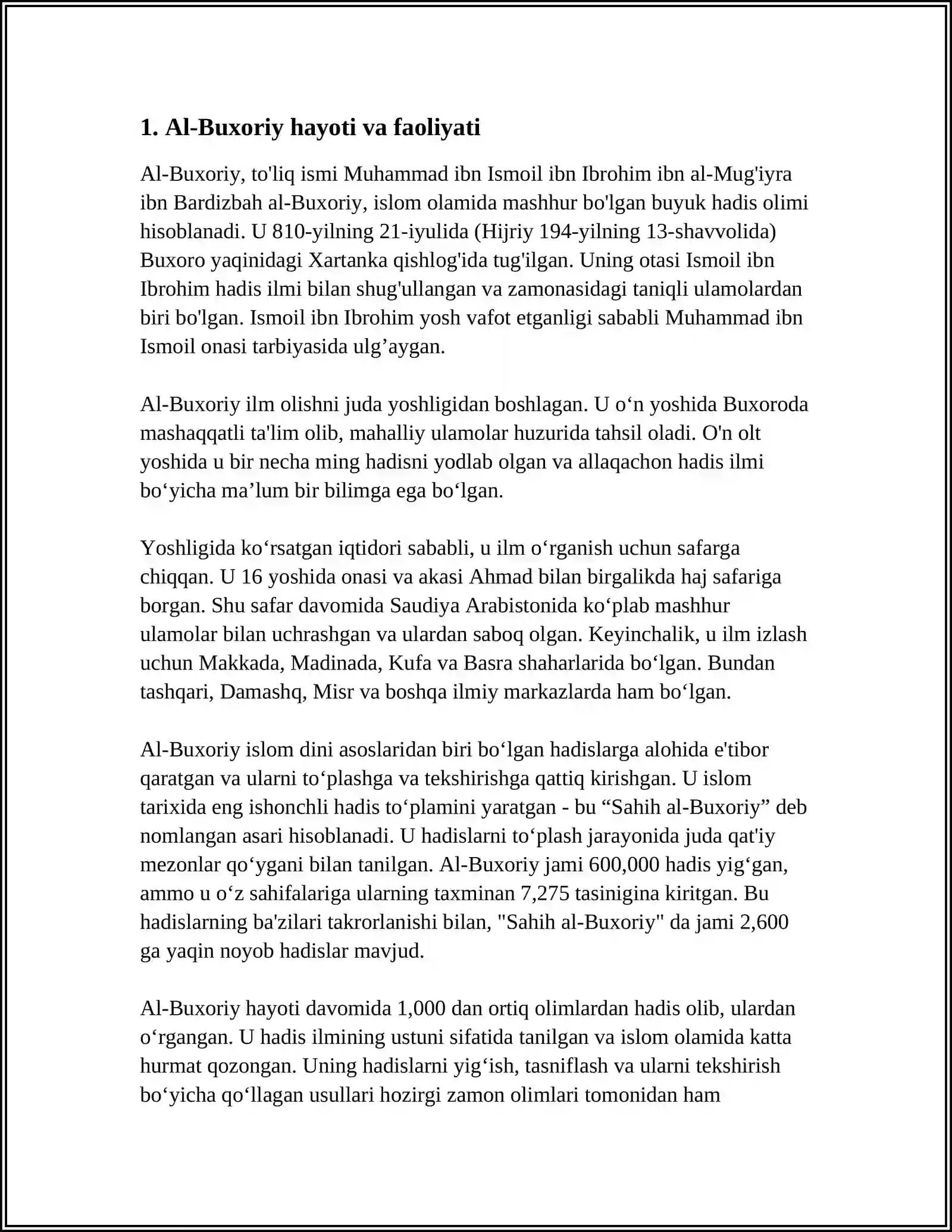 IMOM AL BUXORIY MUHADDISLAR SULTONI ASARI HAQIDA ESSE 3