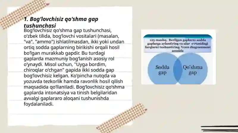 Bogʻlovchisiz qoʻshma gap,turlari va tinish belgilarini ishlatilishi. Murakkab qoʻshma gap va uning turlari.Oʻzga gap va undan nutqda foydalanishning oʻziga xos xususiyatlari 3
