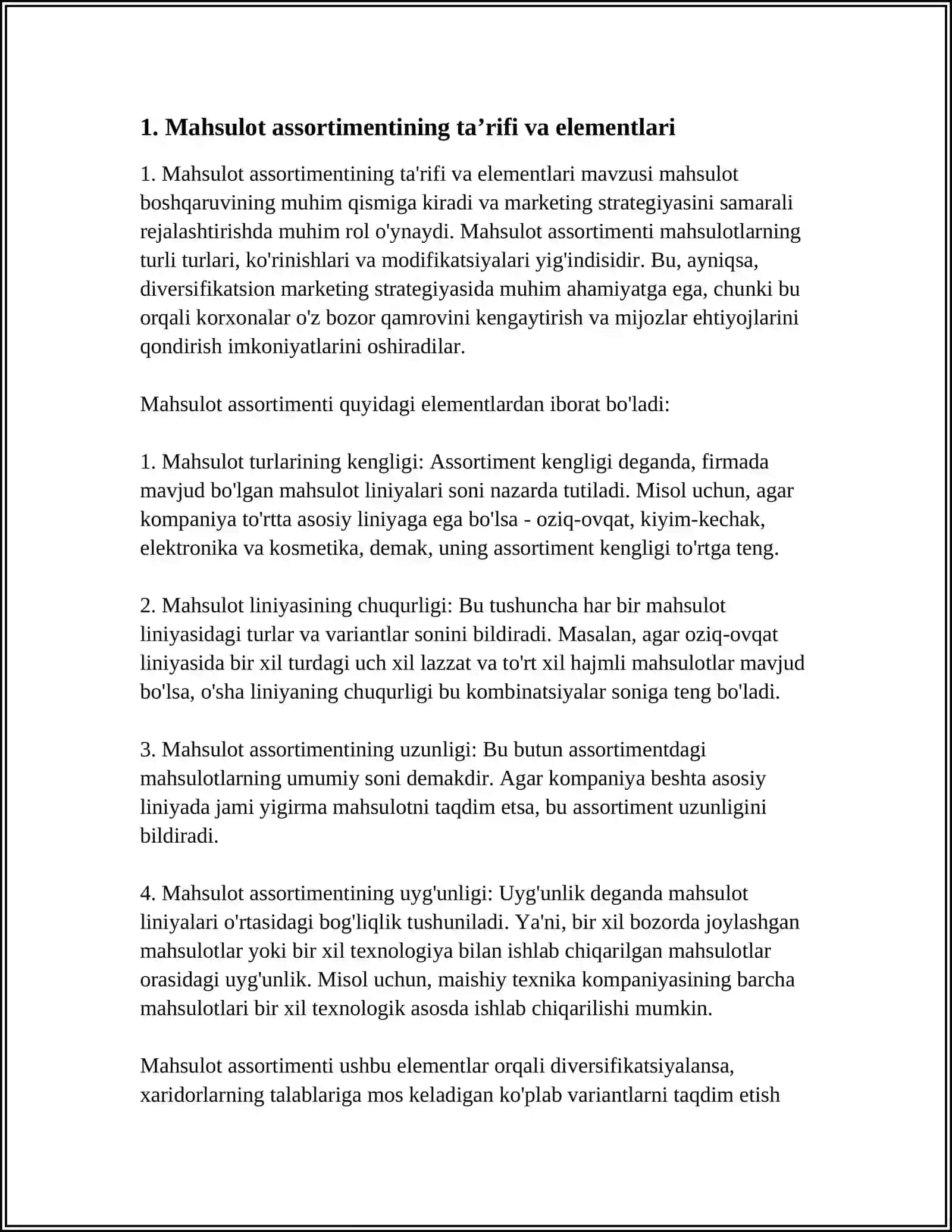 MAHSULOT ASSORTIMENTI VA NOMENKLATURASI. DIVERSIFIKATSION MARKETING 3