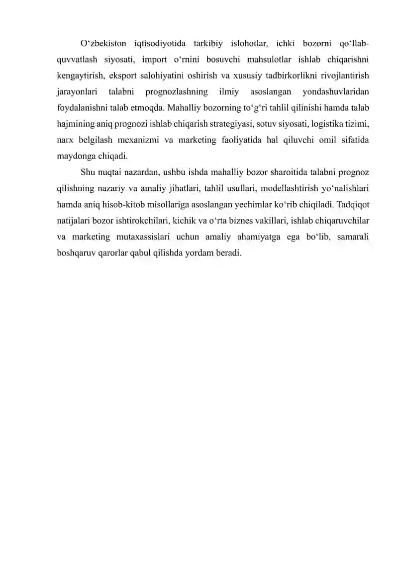 MAHALLIY BOZORIDA TALABNI PROGNOZ QILISH VA BERILGAN MASALAGA ANIQ YECHIMLAR ISHLAB CHIQISH 3