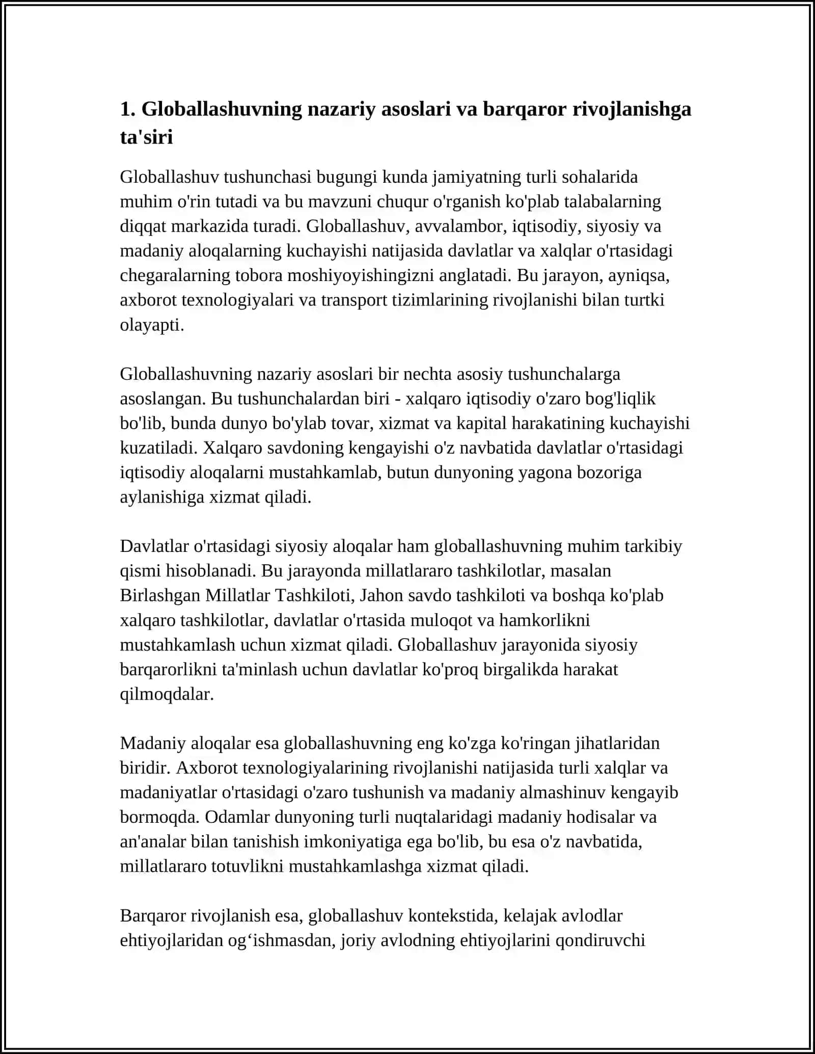 GLOBALLASHUV, GLOBALIZM VA BARQAROR RIVOJLANISHNING USTUVOR YONALISHLARI 3