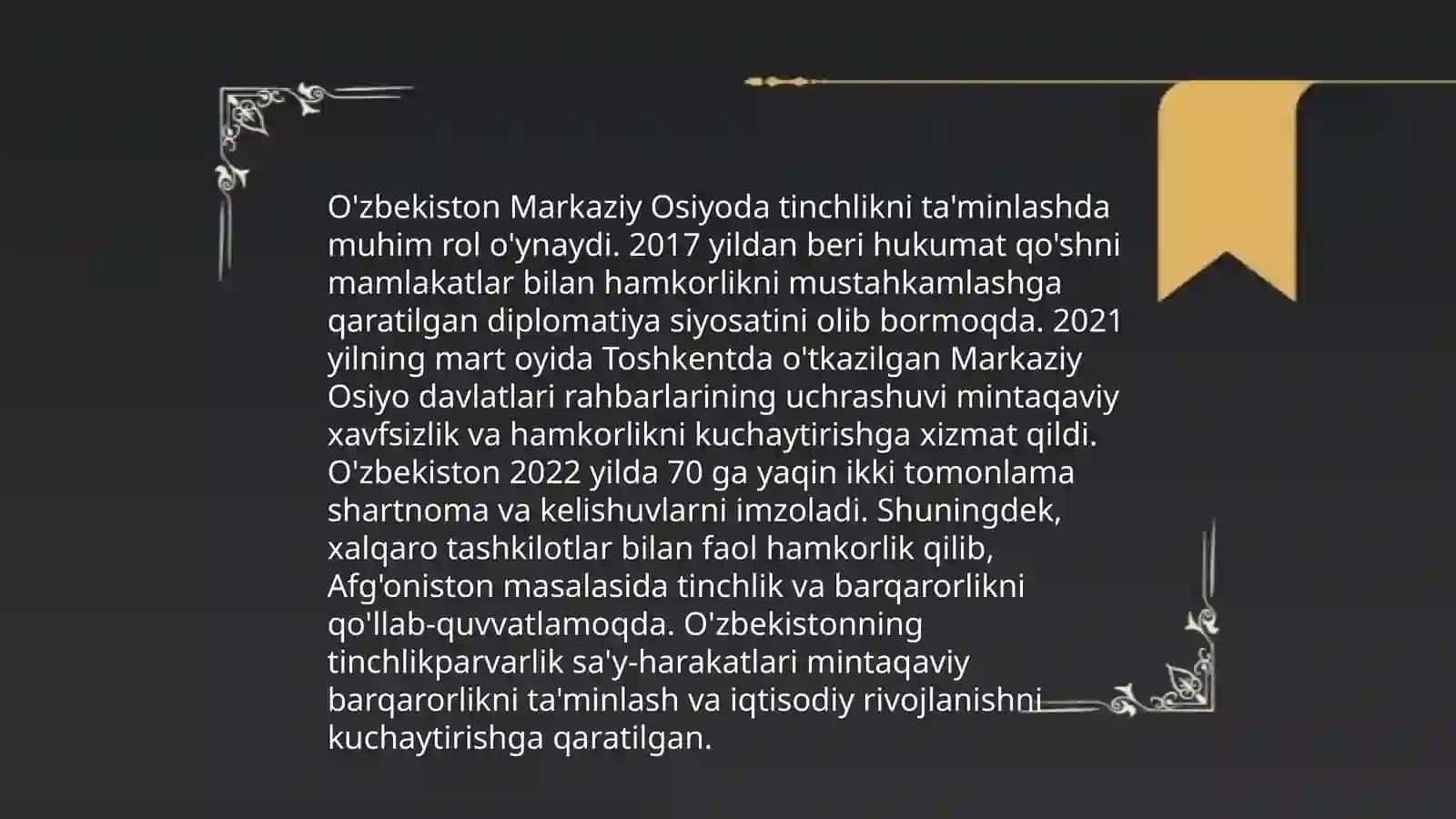 O'zbekistonning Markaziy Osiyoda tinchlik va barqarorlikini ta'minlashdagi o'rni 3