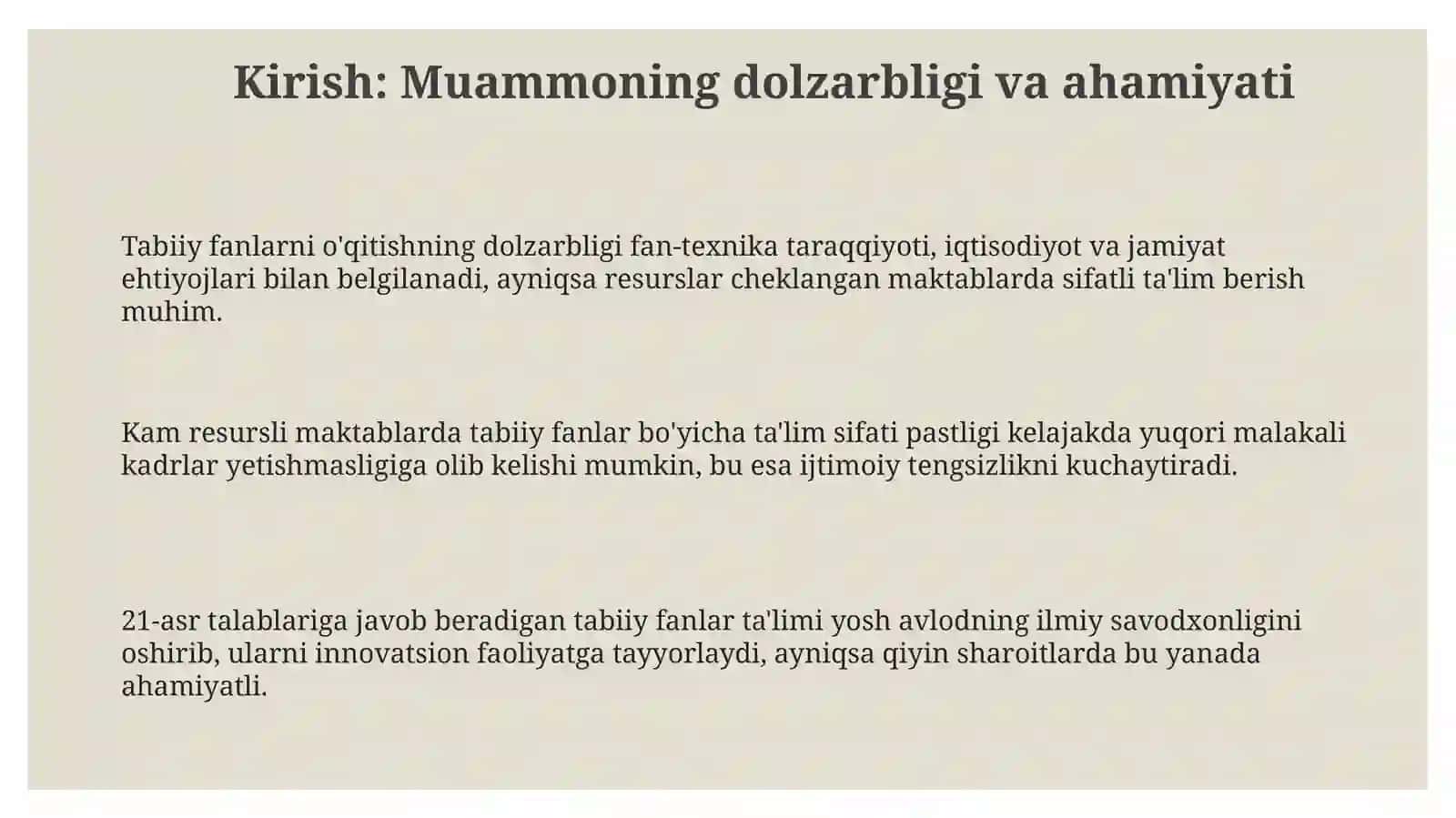 Oz komplektlangan maktablarda tabiiy fanlarni o'qitishni loyihalash usullariini o'rganish 3