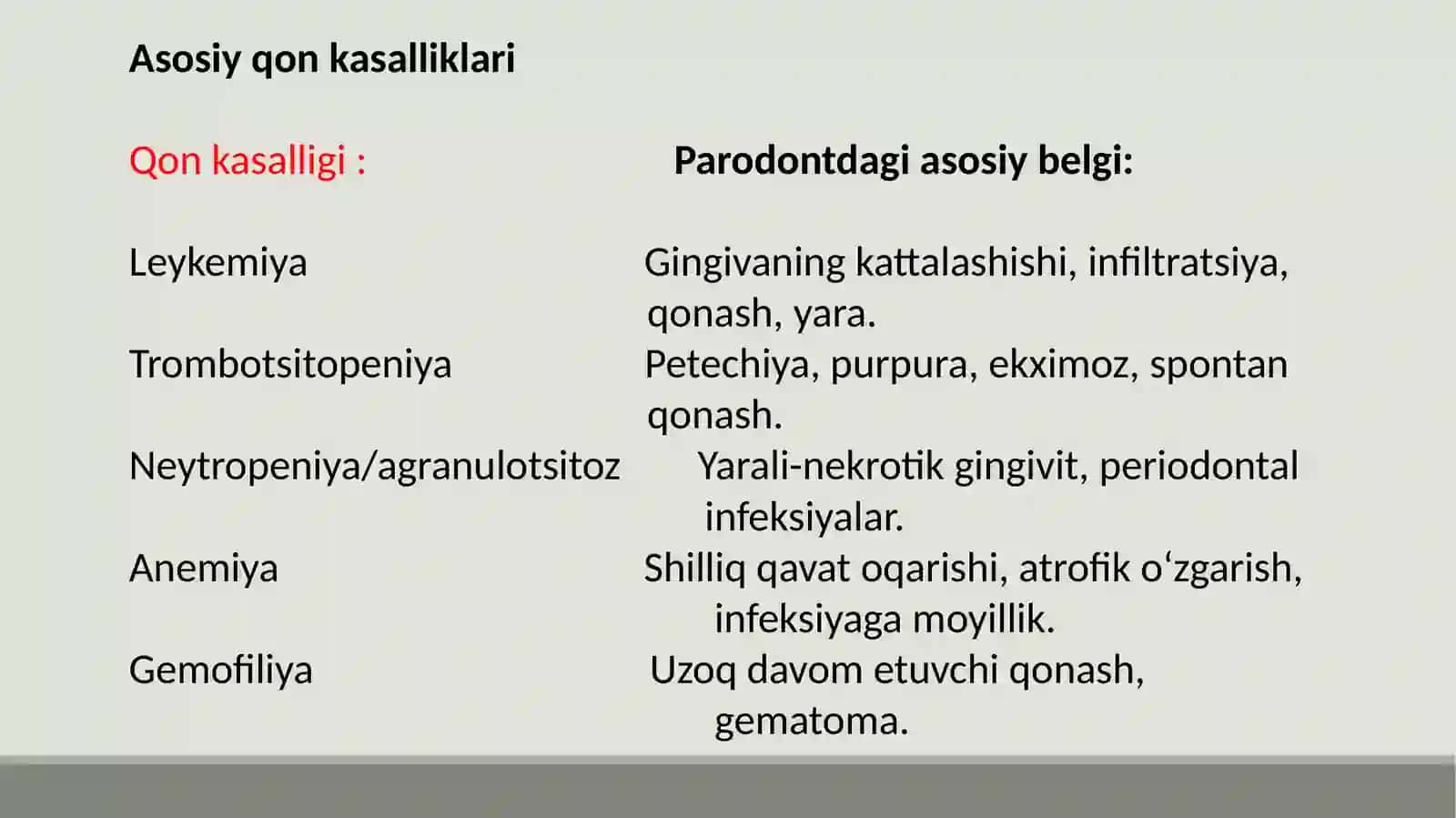 QON KASALLIKLARIDA PARODONT O’ZGARISHLARI. KLINIKASI, QIYOSIY TASHXISI, DAVOLASH, PROFILAKTIKASI 3