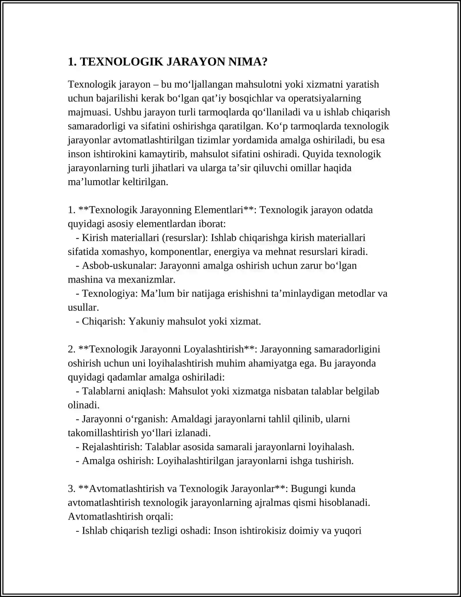 MUSTAQIL ISH Mavzu: TEXNOLOGIK JAROYON VA UNING BOSQICHLARI 3