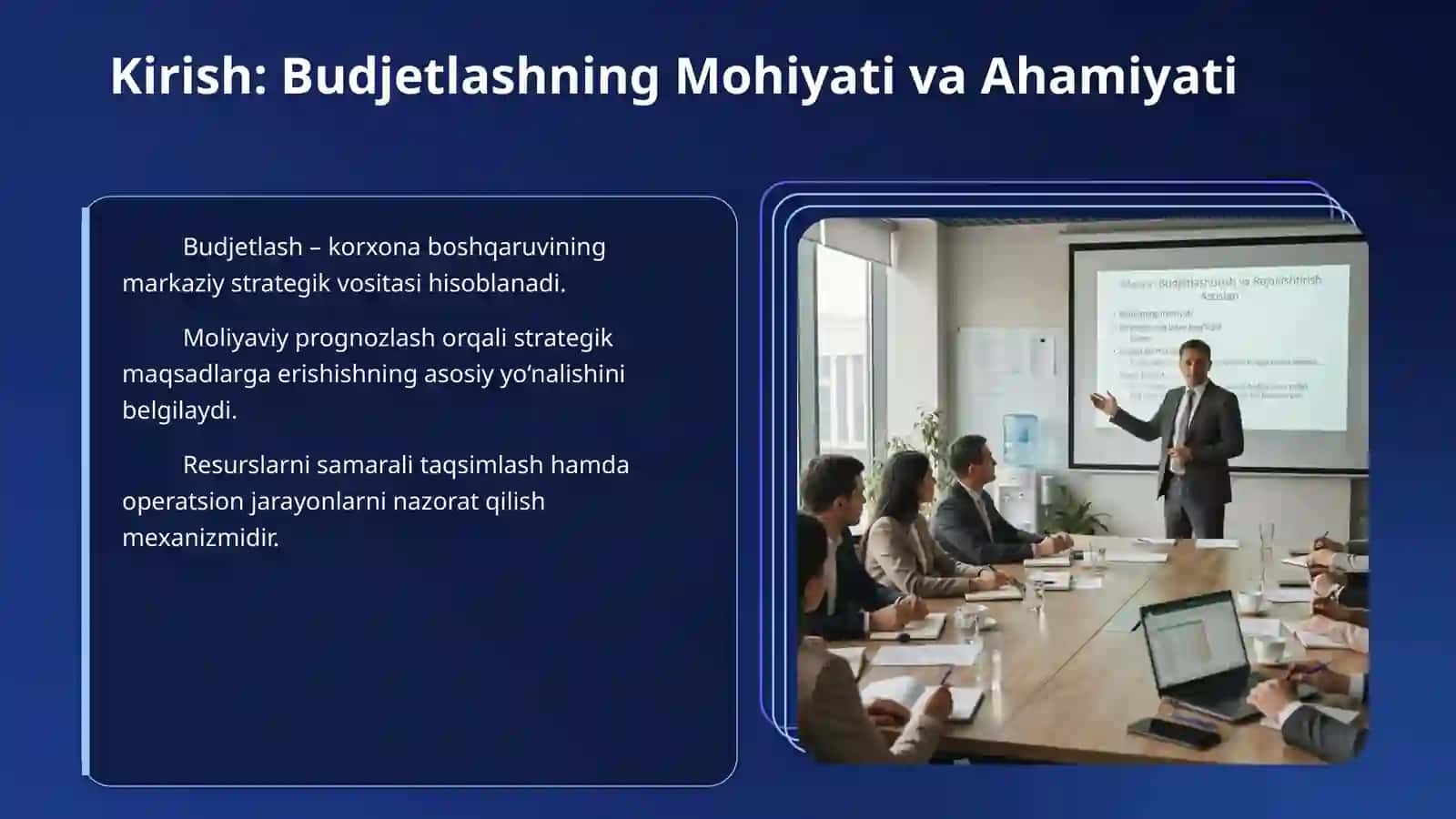 Budjetlashtirish va rejalashtirish Budjetning mazmuni, maqsadi, funksiyalari va strategik reja bilan o‘zaro bog‘liqligi. Budjet davri, budjet qo‘mitasi, budjet qo‘llanmasi, mas’uliyat markazlari va budjetlashtirish jarayonining tashkiliy bosqichlari. Yuqoridan pastga, pastdan yuqoriga va ishtirokchi budjetlashtirish yondashuvlari; budjet bo‘shlig‘i va xulq-atvor omillari. Sotuv prognozi va sotuv budjeti, tayyor mahsulot zaxirasi siyosati asosida ishlab chiqarish budjeti. Material sarfi va xaridi 3