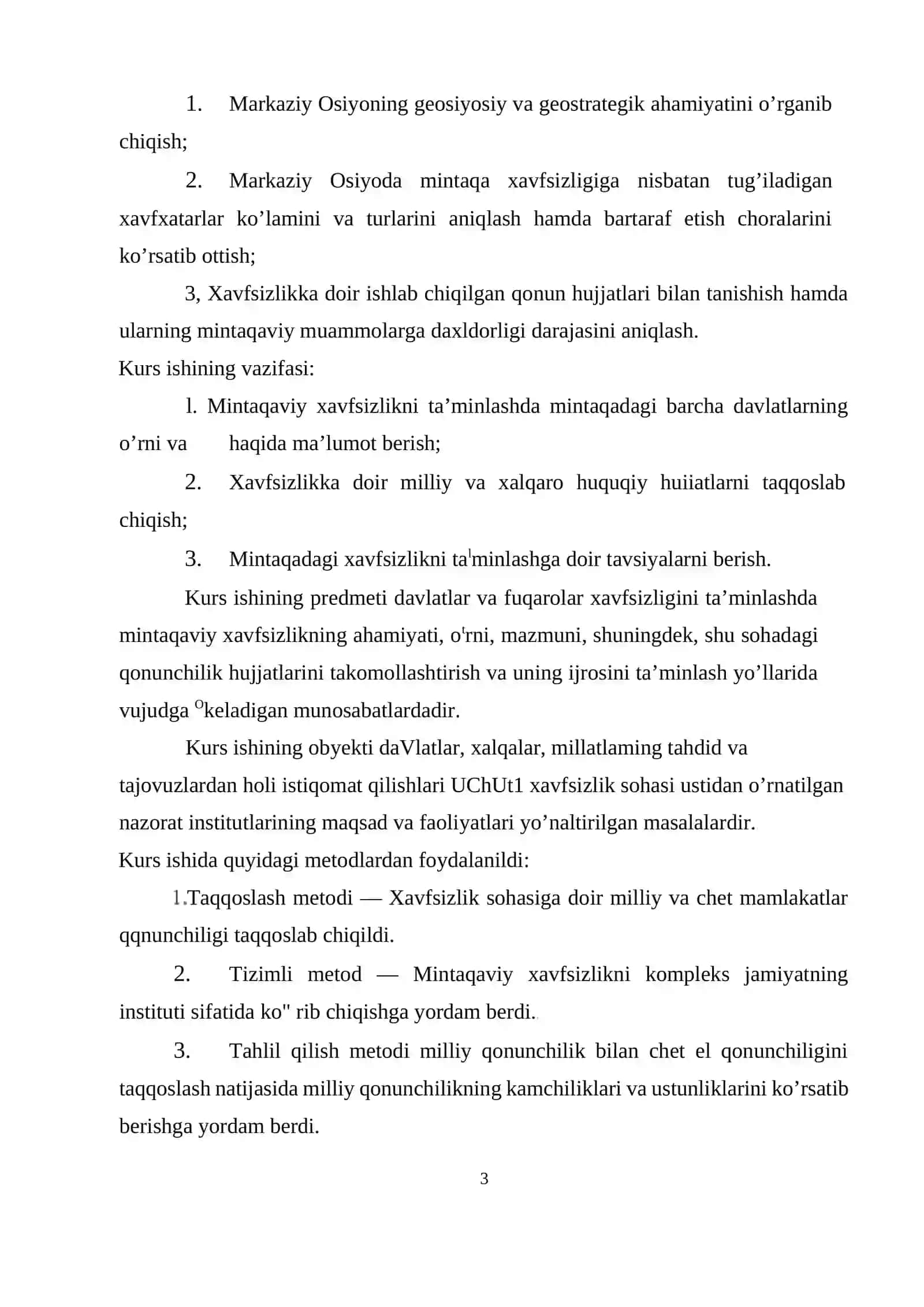 Osiyoda mintaqaviv xavfsizlik va xavfsizlikni ta’minlashda O’zbekiston Respublikasining ahamiyati 3