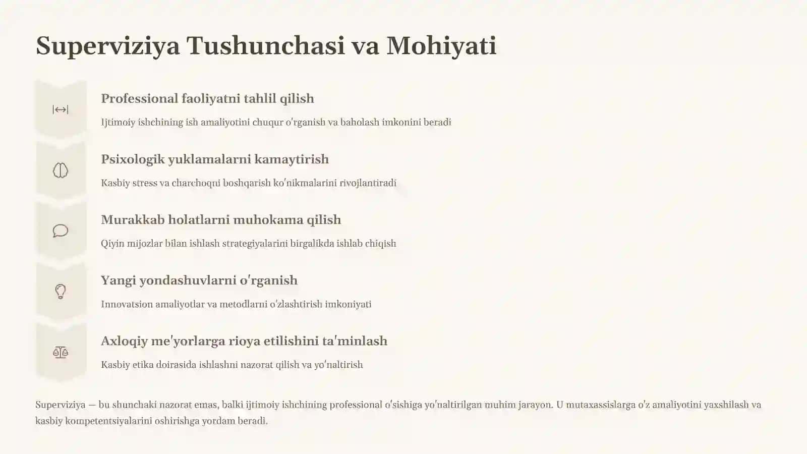 Superviziyani amalga oshirish, ijtimoiy ish xodimining o‘rni, superviziya kriteriyalari va monitoringi 3