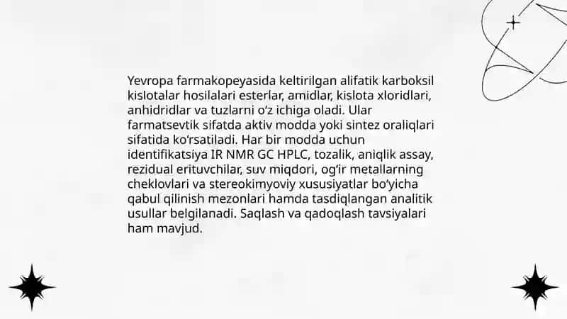 Yevropa farmakopeyasining tarkibiga kirgan alifatik karbon kislotalar hosilalari va ularning tahlili 3