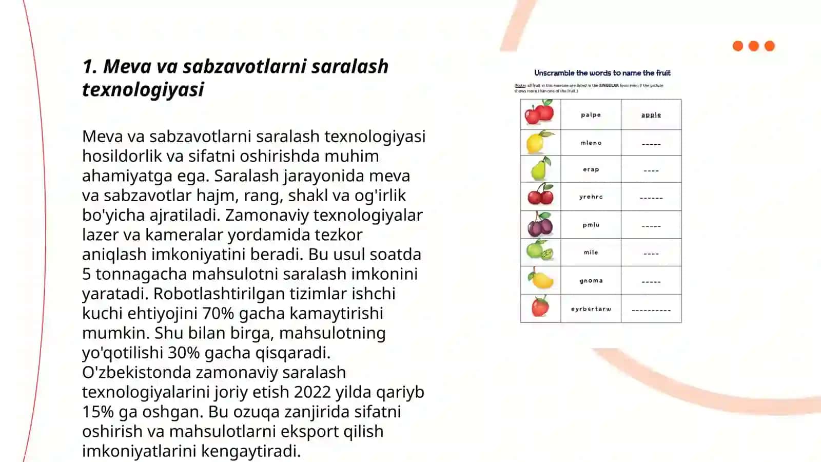 Meva va sabzavotlarni saralash,Kalibrlash mashinalari va ularni ishga tayyorlash tartibini oʻrganish 3