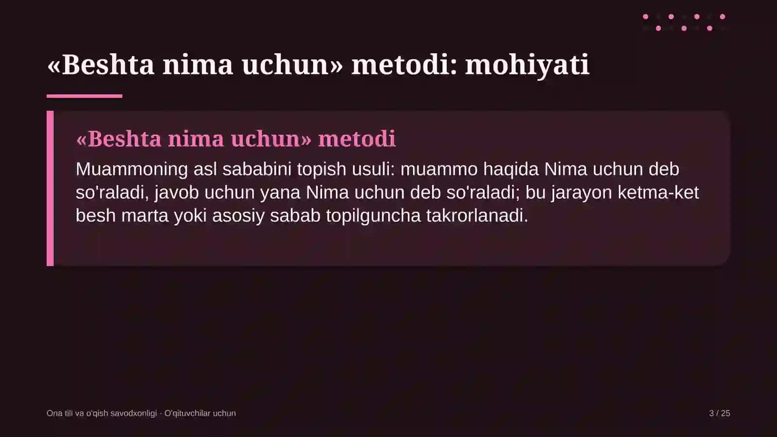 ona tili va o'qish savodxonligi darslarida beshta nima uchun metodidan foydalanish 8681 3