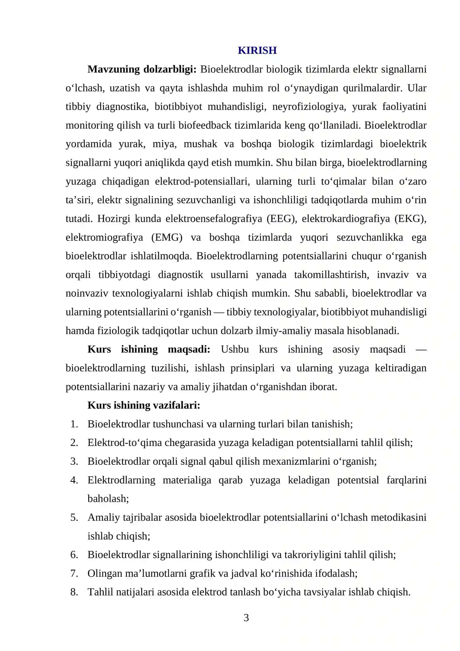 BIOELEKTRODLAR VA ULARNING POTENSIALLARI MAVZUSIDA YOZGAN KURS ISHI 3