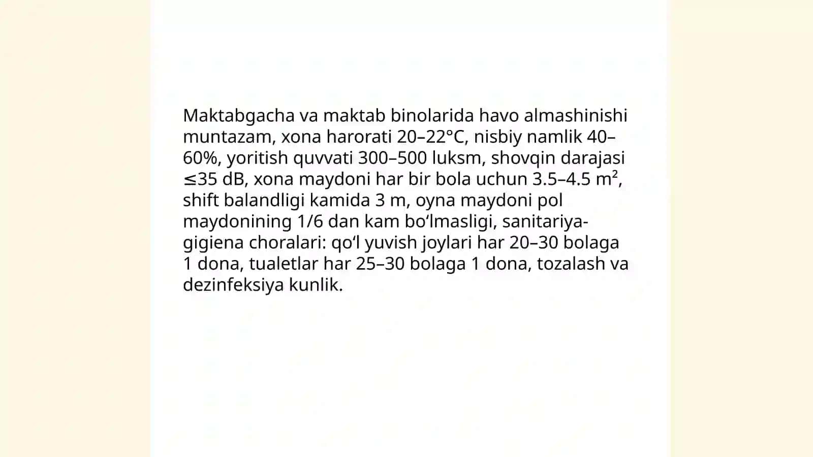 Maktabgacha bolalar muosasalarga va maktablarga bo‘lgan umumiy gigenik talablar 3