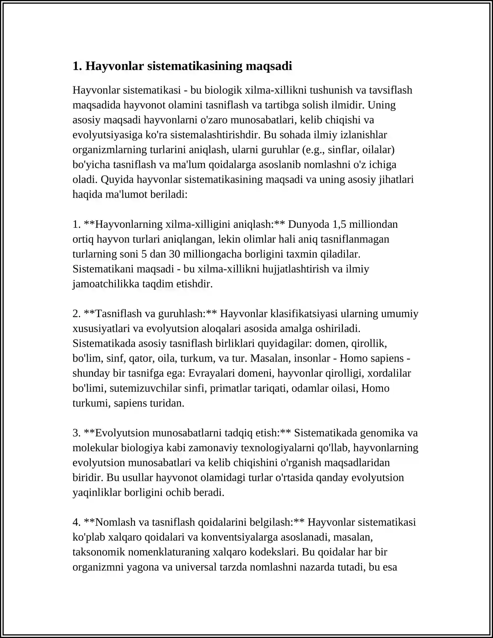 MUSTAQIL ISH Mavzu: HAYVONLAR SISTEMATIKASINING MAQSADI,USLUBLARI, QISQACHA TARIXI VA UNING O‘RNI 3