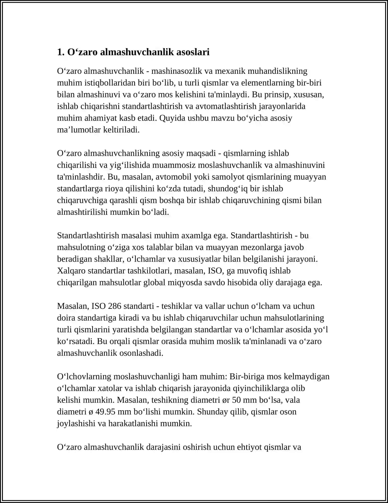 MASHINASOZLIKDA OʻZARO ALMASHUVCHANLIK. OʻZARO ALMASHUVCHANLIK TURLARI. ULASH VOSITALARINING METROLOGIK KOʻRSATKICHLARI 3