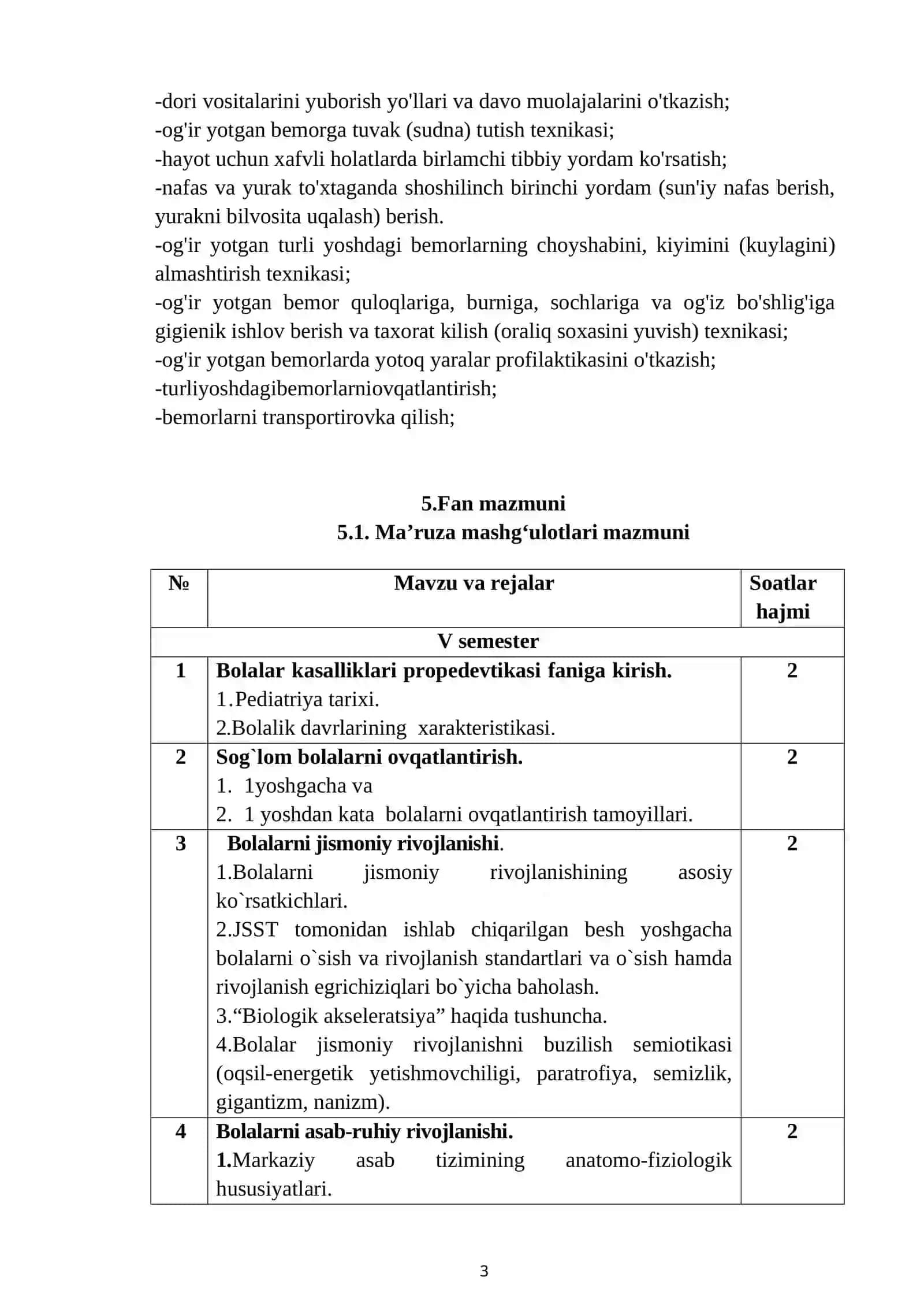 BOLALAR KASALLIKLARI PROPEDEVTIKASI FANI BO‘YICHA SILLABUS 3