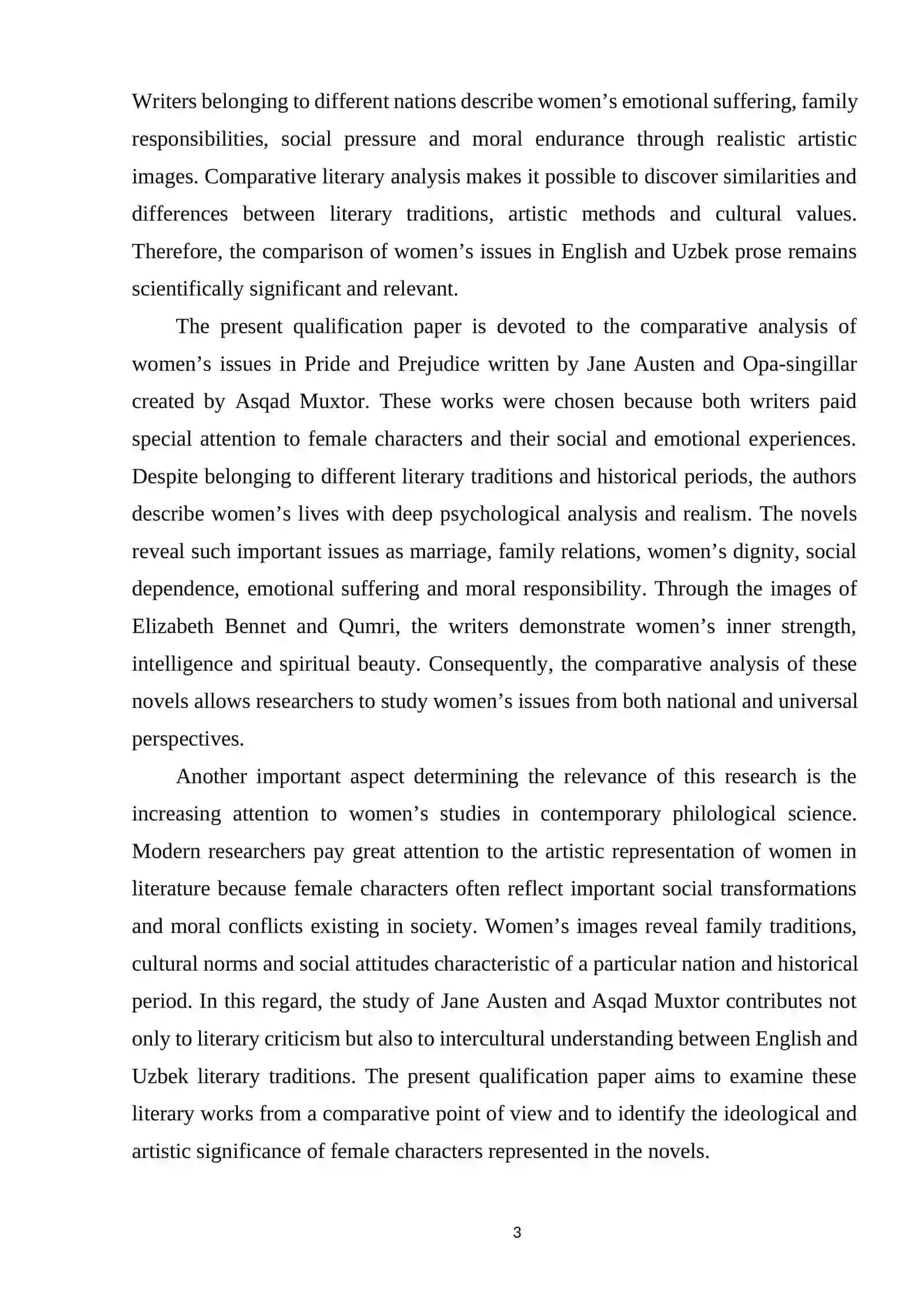 Comparative Analysis of Women’s Issues in Pride and Prejudice and Opa-singillar by Jane Austen and Asqad Muxtor 3