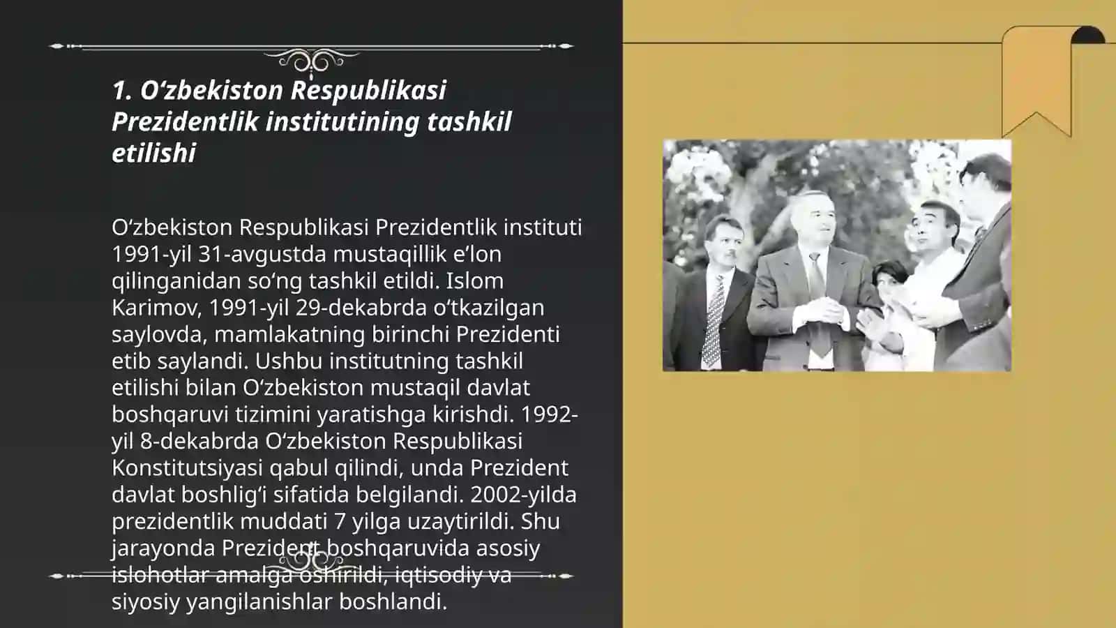 Oʻzbekiston Respublikasi Prezidentlik institutining joriy etilishi.I.A.Karimovning Oʻzbekiston Respublikasi Prezidenti etib saylanishi 3