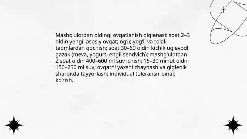 Jismoniy tarbiya va sport mashguloti davrida ovqatlanish gigienasi 3
