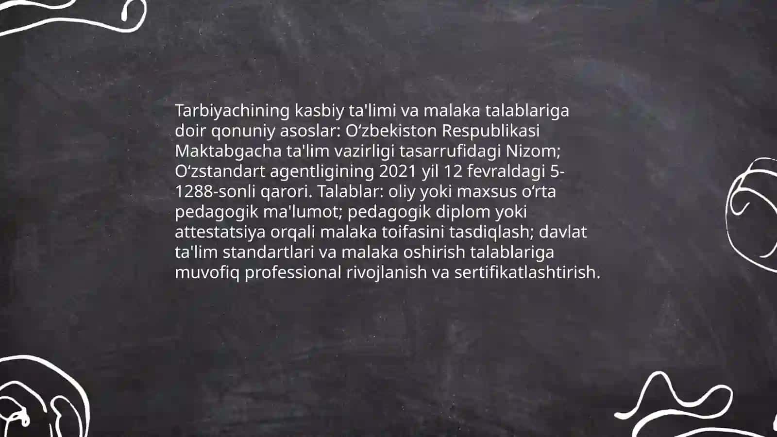 Maktabgacha talim tashkiloti tarbiyachisi shaxsiga qoyilgan talablar.Ozbekiston Respublikasi maktabgacha talim vazirligi togsidagi Nizom hamda O'Zstamdart agentligining 2021 yil 12 fevrakdagi 5-1288-sin qaroriga muvofiq 3