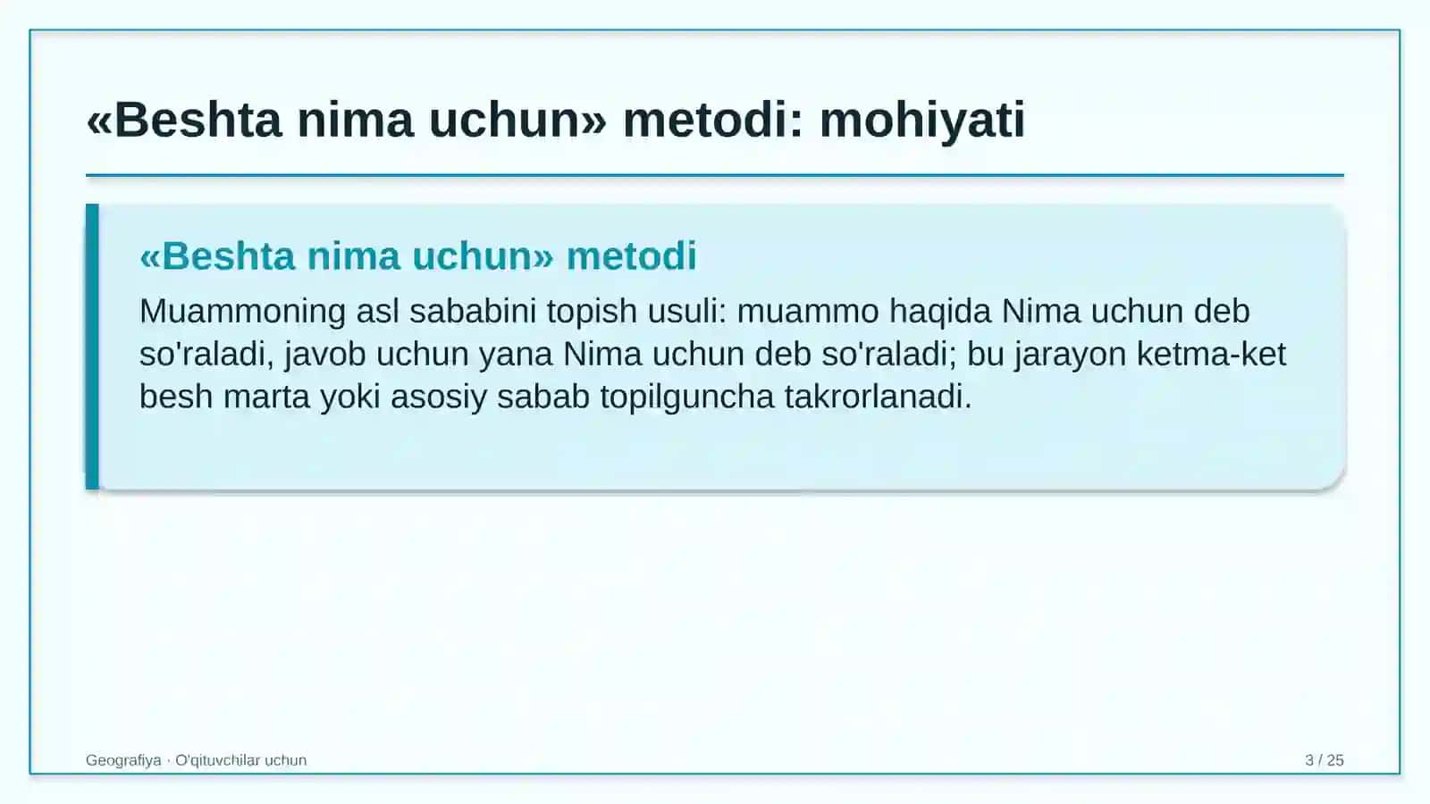 geografiya darslarida beshta nima uchun metodidan foydalanish 3450 3