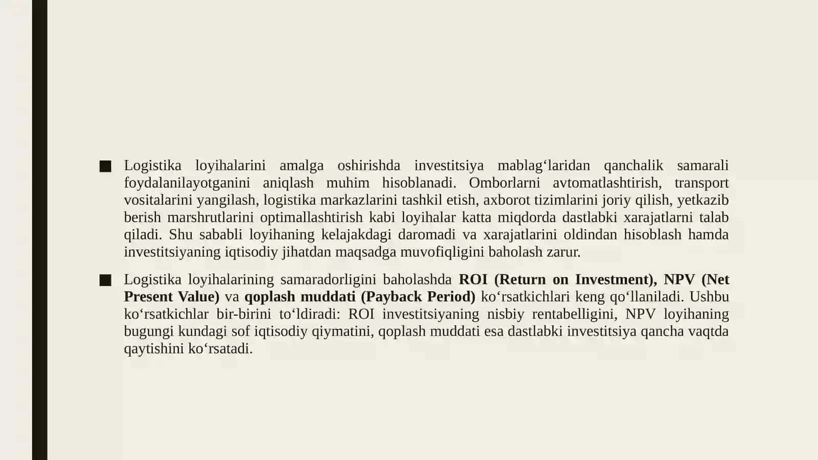 Logistika loyihalarining iqtisodiy samaradorligini ROI NPV va qoplash muddati asosida baholash 3