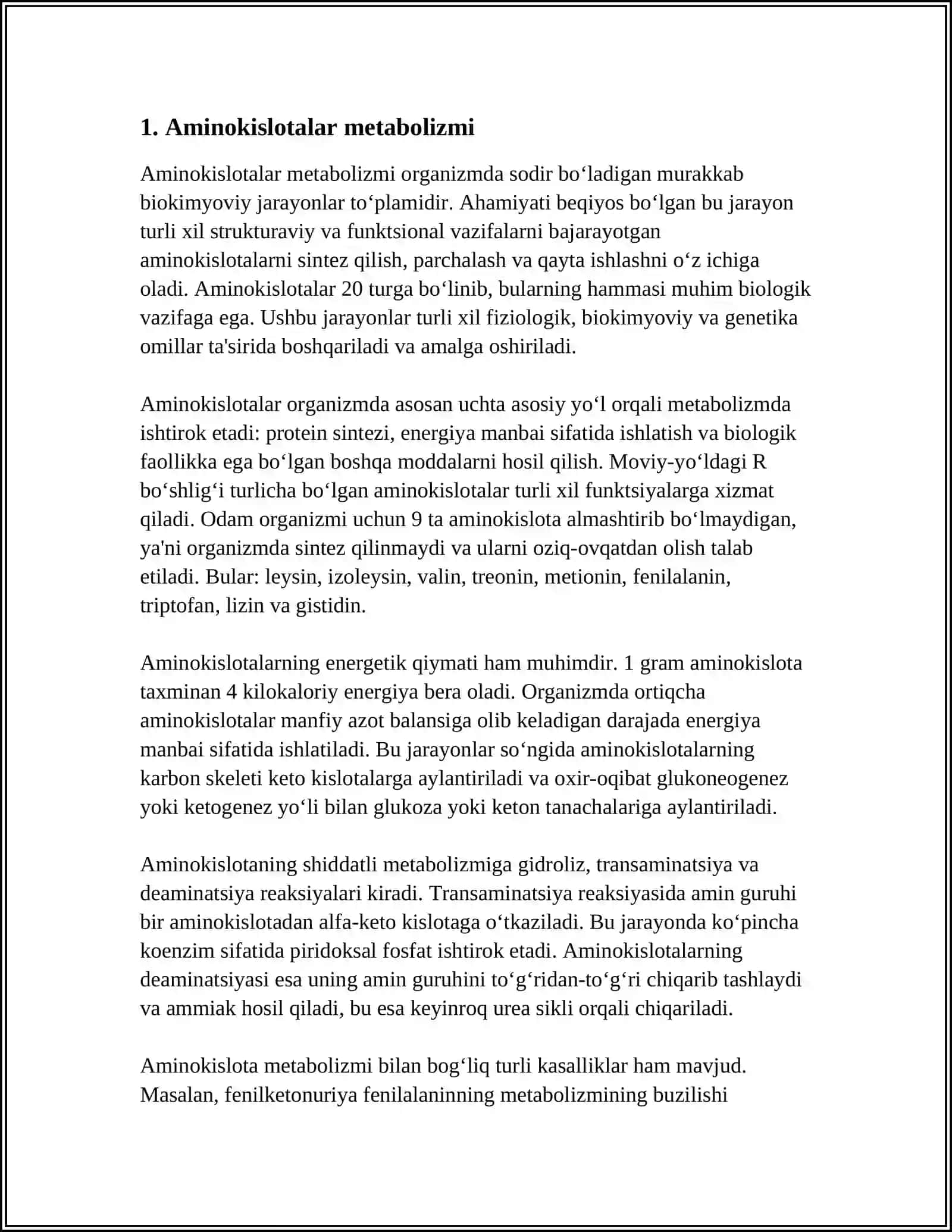 AMINOKISLOTALAR ÓZGARISHINING UMUMMIY YÓLLARI.AMIAKNI ZARARSIZLANTIRISH VA KARBAMID BIOSINTEZI JARAYONLARI 3