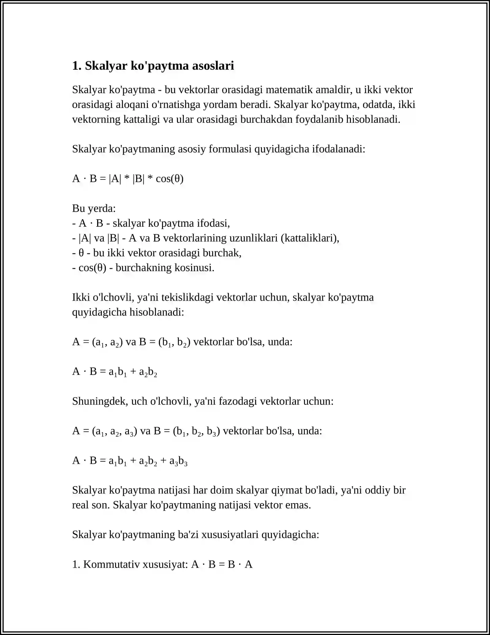 REFERAT VEKTORLARNING SKALYAR, VEKTOR ARALASH KOʻPAYTMALARINING FIZIK MAʼNOSIGA DOIR MASALALAR YECHISH VA TEOREMALARNI ISBOTLASH 3