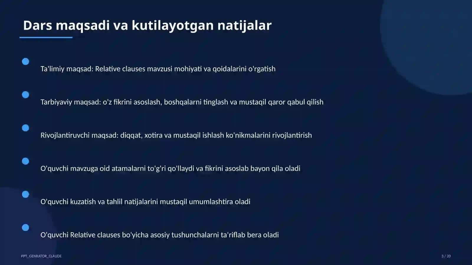 Relative clauses (10-sinf) Ingliz tili (1-11) — takrorlash darsi uchun 3